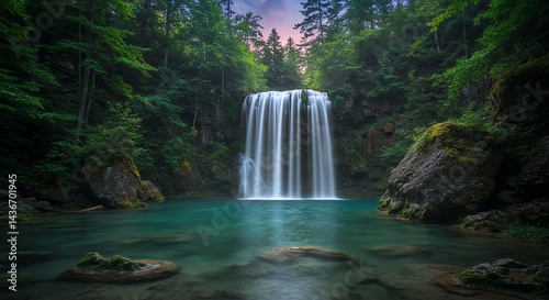 Waterfall Cascading into Turquoise Pool in Lush Forest Setting at Dusk