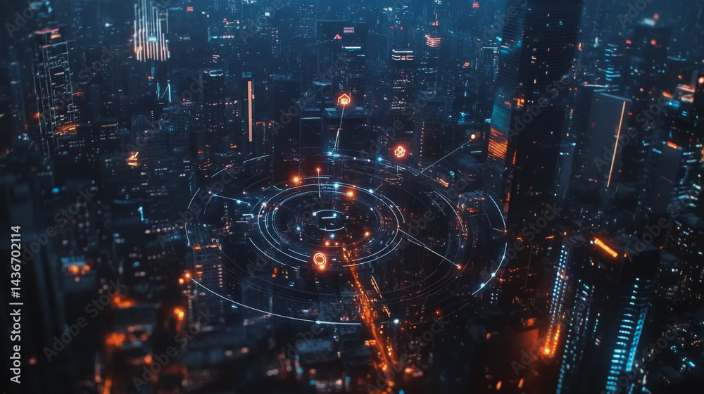 Obraz premium Night lights, a city of modern business and smart digital innovation with a network of interconnected rewards over the cityscape of the future smart wireless digital city and social media network that