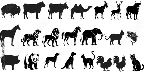 Animal silhouette set pets and wildlife with cat, dog, lion, tiger, hen, cock, cow, elephant, panda, fish, horse, camel and more. Vector collection isolated on white."