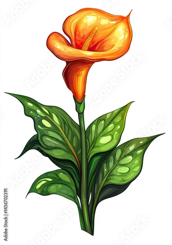 Vibrant orange calla lily with lush green leaves
