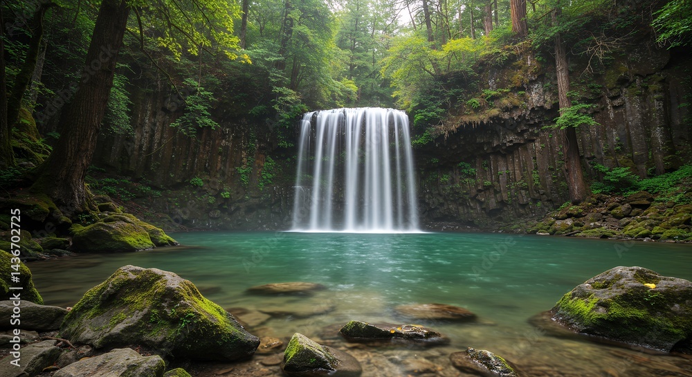 Obraz premium Waterfall Flowing into Turquoise Pool surrounded by Green Forest Trees