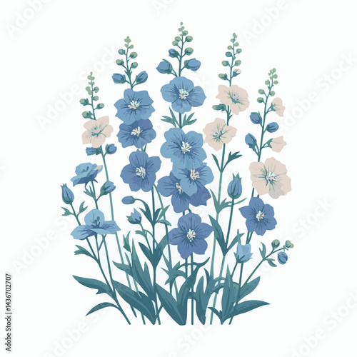larkspur, flower, blossom, plant, floral, botanical, nature, isolated, illustration, drawing, hand drawn, marigold, graphic, garden, daffodil, vector, rose, art, design, set, summer, background, daisy
