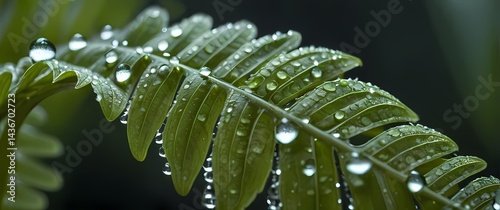 Macro detail of intricate fern leaf unfurling with water droplets sparkling vibrantly in soft morning dew