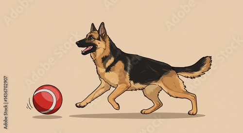 Playful German Shepherd Dog Running with Red Ball Canine Pet Illustration