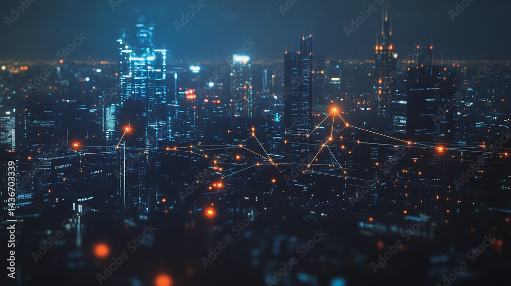 Obraz premium Night lights, a city of modern business and smart digital innovation with a network of interconnected rewards over the cityscape of the future smart wireless digital city and social media network that