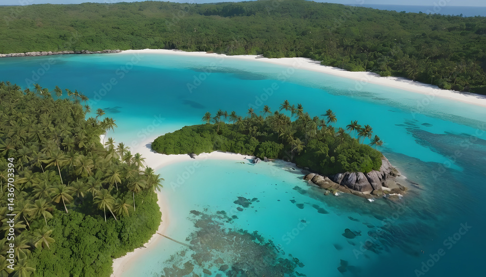 Fototapeta premium Tropical Island with Turquoise Waters and Lush Green Palm Trees