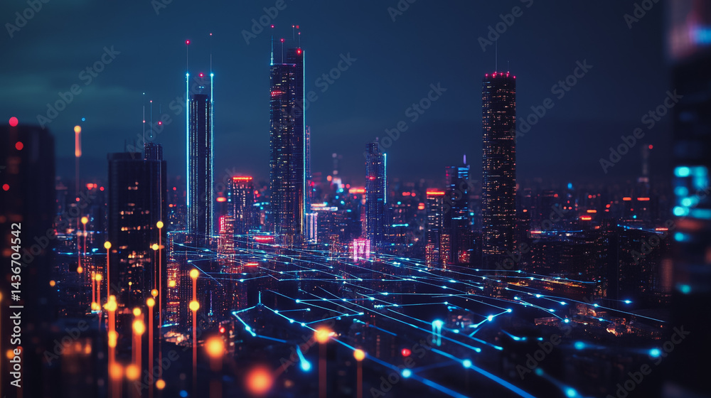 custom made wallpaper toronto digitalNight lights, a city of modern business and smart digital innovation with a network of interconnected rewards over the cityscape of the future smart wireless digital city and social media network that