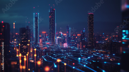 Wallpaper Mural Night lights, a city of modern business and smart digital innovation with a network of interconnected rewards over the cityscape of the future smart wireless digital city and social media network that Torontodigital.ca