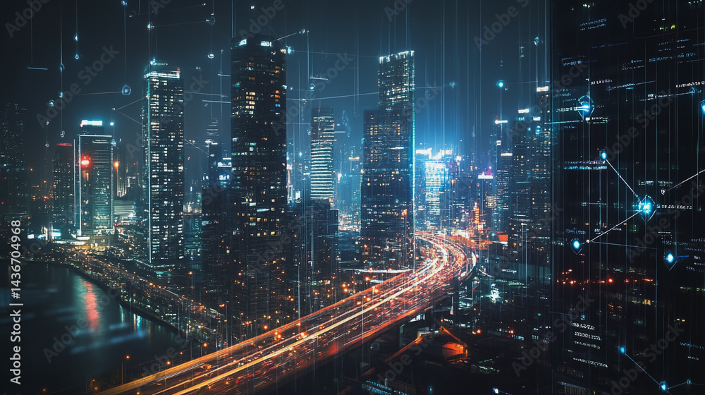 Fototapeta premium Night lights, a city of modern business and smart digital innovation with a network of interconnected rewards over the cityscape of the future smart wireless digital city and social media network that