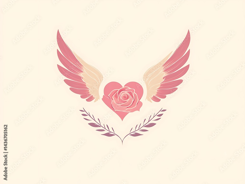 Fototapeta premium Pink heart with rose and wings, a symbol of love.