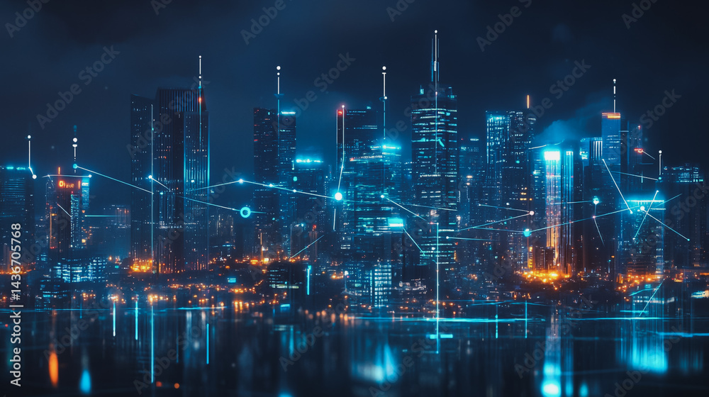 Night lights, a city of modern business and smart digital innovation with a network of interconnected rewards over the cityscape of the future smart wireless digital city and social media network that Night lights, a city of modern business and smart digital innovation with a network of interconnected rewards over the cityscape of the future smart wireless digital city and social media network that
