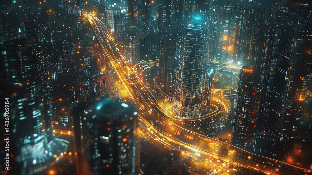 Fototapeta premium Night lights, a city of modern business and smart digital innovation with a network of interconnected rewards over the cityscape of the future smart wireless digital city and social media network that