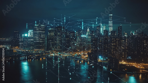 Wallpaper Mural Night lights, a city of modern business and smart digital innovation with a network of interconnected rewards over the cityscape of the future smart wireless digital city and social media network that Torontodigital.ca