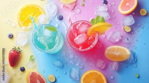 colorful flatlays refreshing summer beverages showcasing bright aesthetics inviting vividness, drink, vibrant, mocktail, cocktail, refreshment, fruit, ice. photo
