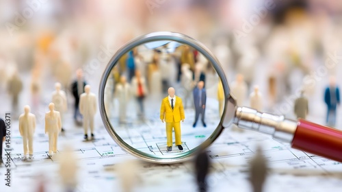 Yellow Figure in a Crowd of People Under a Magnifying Glass