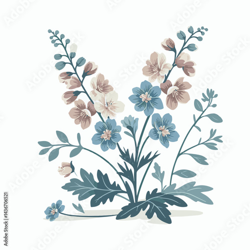 larkspur, flower, blossom, plant, floral, botanical, nature, isolated, illustration, drawing, hand drawn, marigold, graphic, garden, daffodil, vector, rose, art, design, set, summer, background, daisy