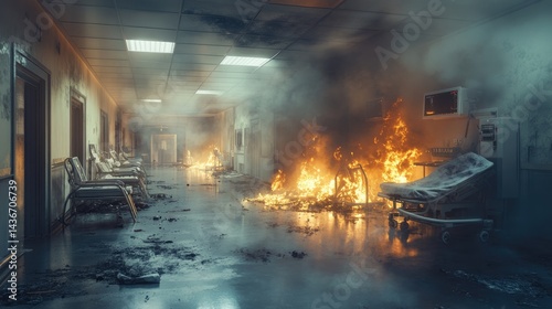 Burning Hospital Corridor: Desolate Medical Disaster Scene