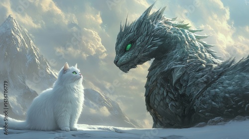The Whispering Relic illustration features a celestial feline whispering to a group of frostbitten dragons