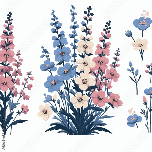 larkspur, flower, blossom, plant, floral, botanical, nature, isolated, illustration, drawing, hand drawn, marigold, graphic, garden, daffodil, vector, rose, art, design, set, summer, background, daisy