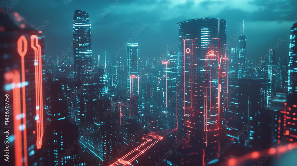 Obraz premium Night lights, a city of modern business and smart digital innovation with a network of interconnected rewards over the cityscape of the future smart wireless digital city and social media network that