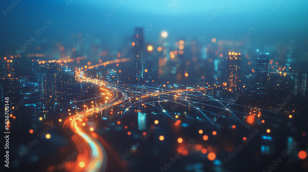 Naklejka premium Night lights, a city of modern business and smart digital innovation with a network of interconnected rewards over the cityscape of the future smart wireless digital city and social media network that