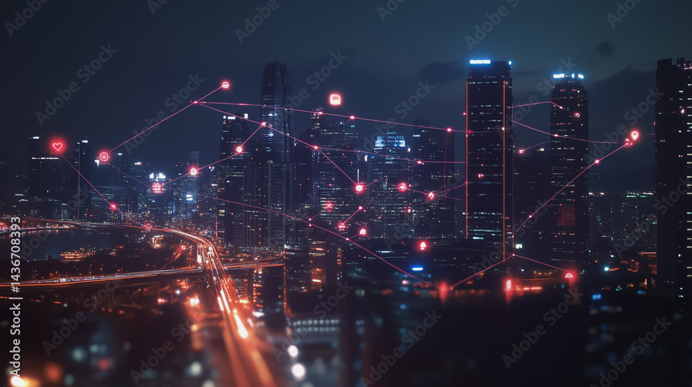 Naklejka premium Night lights, a city of modern business and smart digital innovation with a network of interconnected rewards over the cityscape of the future smart wireless digital city and social media network that