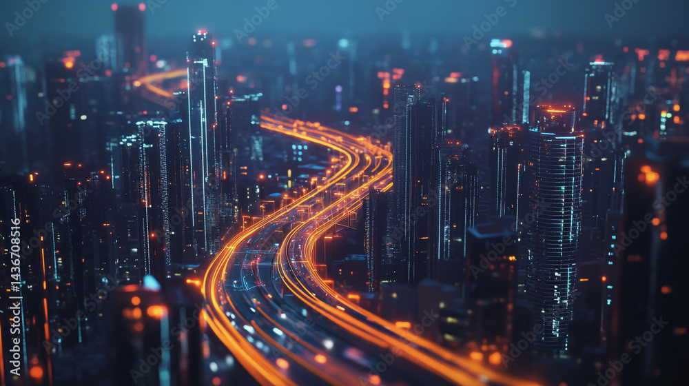 Fototapeta premium Night lights, a city of modern business and smart digital innovation with a network of interconnected rewards over the cityscape of the future smart wireless digital city and social media network that