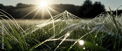 High contrast close up of dew covered grass blades interlaced with spider webs in pristine morning light