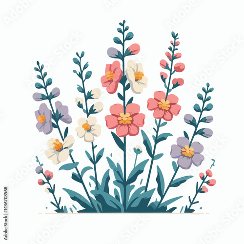 larkspur, flower, blossom, plant, floral, botanical, nature, isolated, illustration, drawing, hand drawn, marigold, graphic, garden, daffodil, vector, rose, art, design, set, summer, background, daisy
