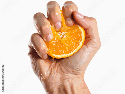 A hand squeezing an orange against a white background