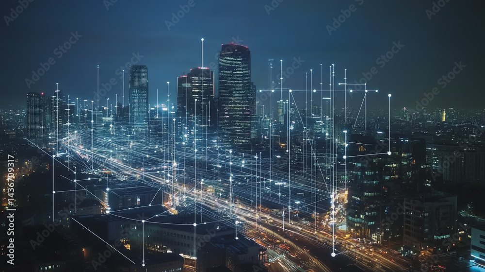 Fototapeta premium Night lights, a city of modern business and smart digital innovation with a network of interconnected rewards over the cityscape of the future smart wireless digital city and social media network that