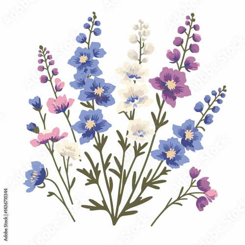 larkspur, flower, blossom, plant, floral, botanical, nature, isolated, illustration, drawing, hand drawn, marigold, graphic, garden, daffodil, vector, rose, art, design, set, summer, background, daisy