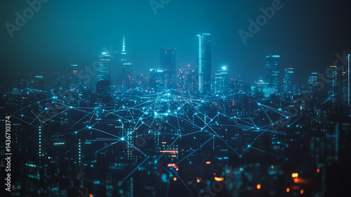 Wallpaper Mural Night lights, a city of modern business and smart digital innovation with a network of interconnected rewards over the cityscape of the future smart wireless digital city and social media network that Torontodigital.ca