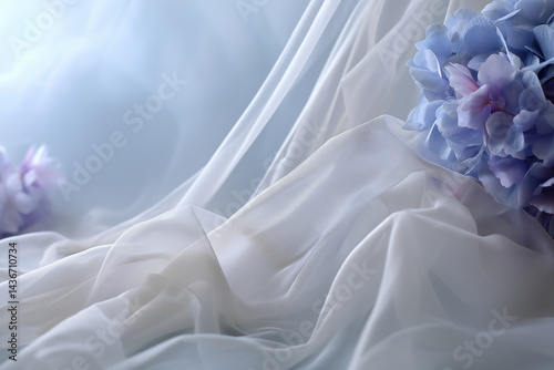 Soft white fabric drapery with pastel hydrangea flowers on light background, dreamy romantic wedding and luxury concept, minimal elegant floral layout, copy space photo