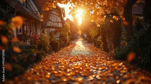 Autumnal village street bathed in golden sunlight photo