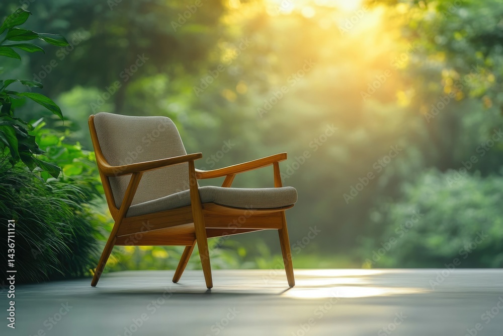 Fototapeta premium A serene wooden armchair sits outdoors bathed in warm sunlight, amidst lush green foliage.