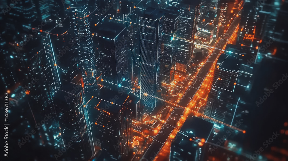 Obraz premium Night lights, a city of modern business and smart digital innovation with a network of interconnected rewards over the cityscape of the future smart wireless digital city and social media network that