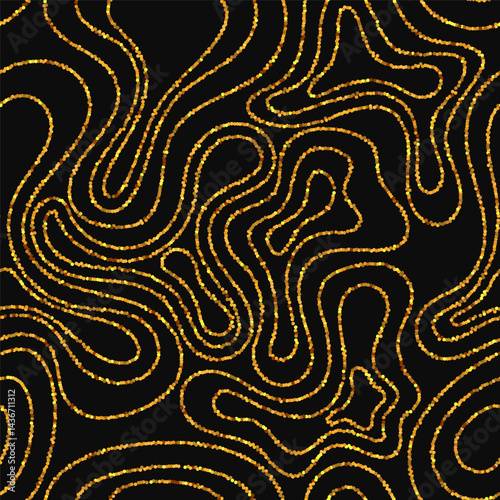 Seamless Fluid Line Art Pattern. Black and Gol Vector Background
