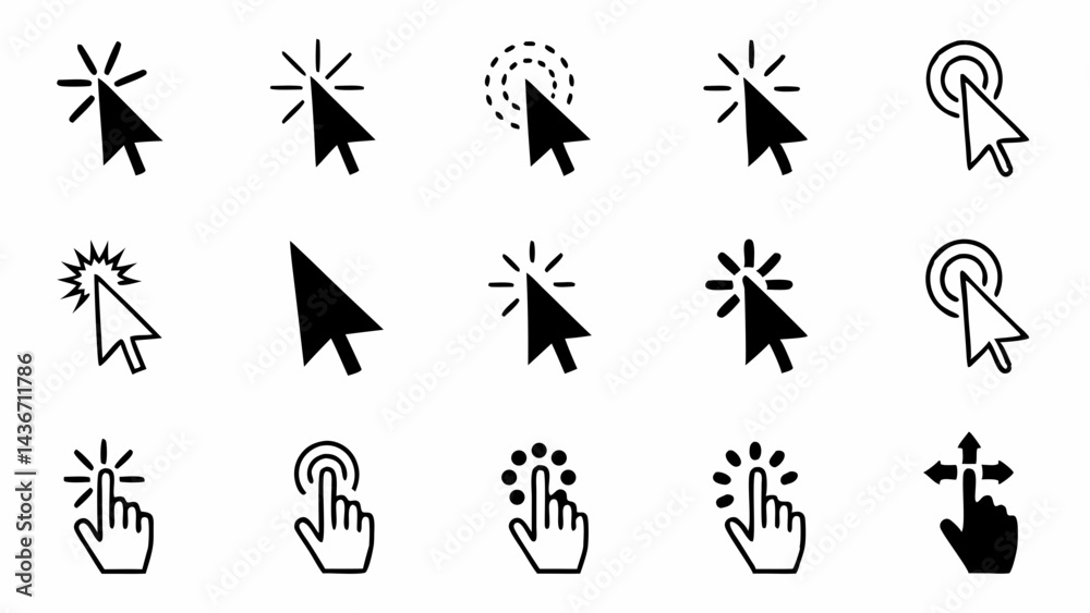 Collection of various cursor icons and hand pointer symbols in black and white design elements set created with generated ai Collection of various cursor icons and hand pointer symbols in black and white design elements set created with generated ai