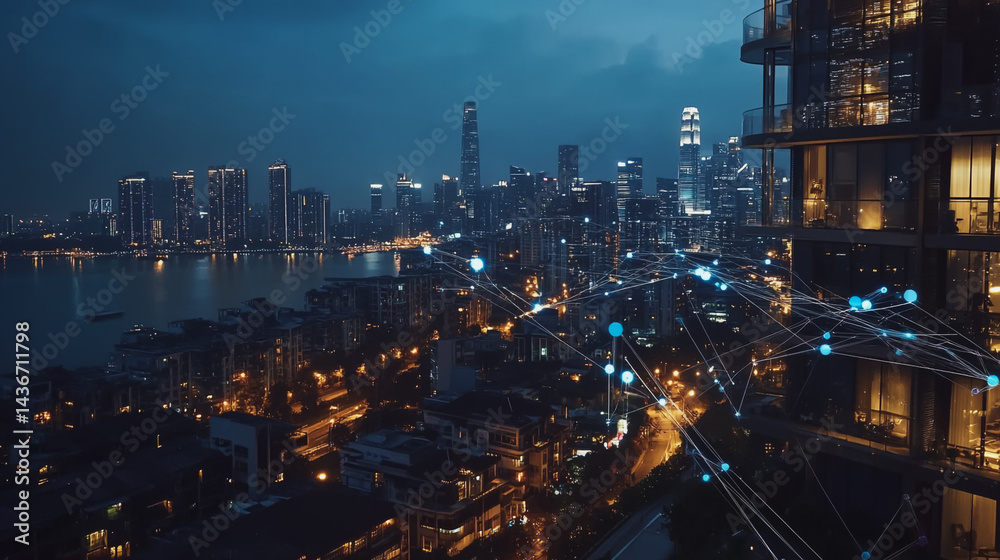 Fototapeta premium Night lights, a city of modern business and smart digital innovation with a network of interconnected rewards over the cityscape of the future smart wireless digital city and social media network that