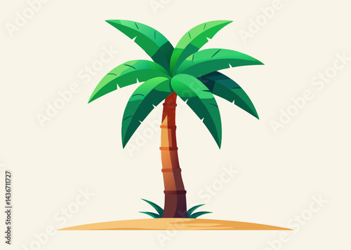 Tropical Palm Tree: A vibrant palm tree on sandy soil with bright green fronds reaching for the sun, a symbol of tranquility and the tropics.