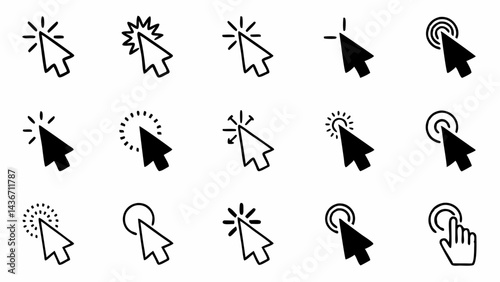 Collection of fifteen different cursor icons in black and white showing various click states and designs created with generated ai