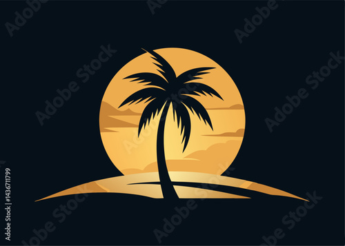 Tropical Sunset: A serene illustration of a palm tree silhouetted against a radiant golden sunset, capturing the essence of a perfect tropical day.