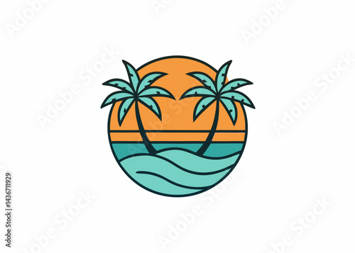 Tropical Paradise in Silhouette: A serene illustration of a tropical island scene with stylized palm trees, a setting sun, and gentle waves, evoking a sense of warmth and tranquility.