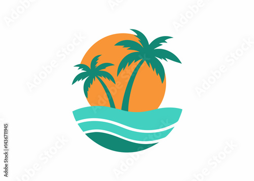 Tropical Paradise: A serene beach scene featuring silhouetted palm trees against a vibrant orange sunset. capturing the essence of the tropical paradise. 