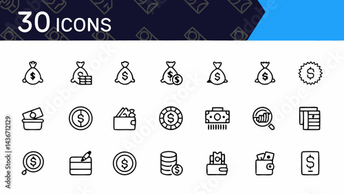 Collection of thirty outline icons depicting money bags coins wallets and financial analysis tools isolated created with generated ai