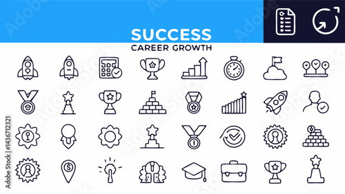 Illustration showing career growth and success icons including rockets trophies and charts in black and white created with generated ai