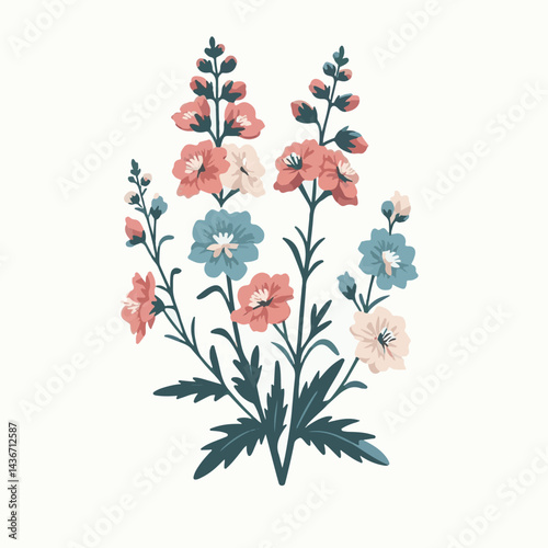 larkspur, flower, blossom, plant, floral, botanical, nature, isolated, illustration, drawing, hand drawn, marigold, graphic, garden, daffodil, vector, rose, art, design, set, summer, background, daisy