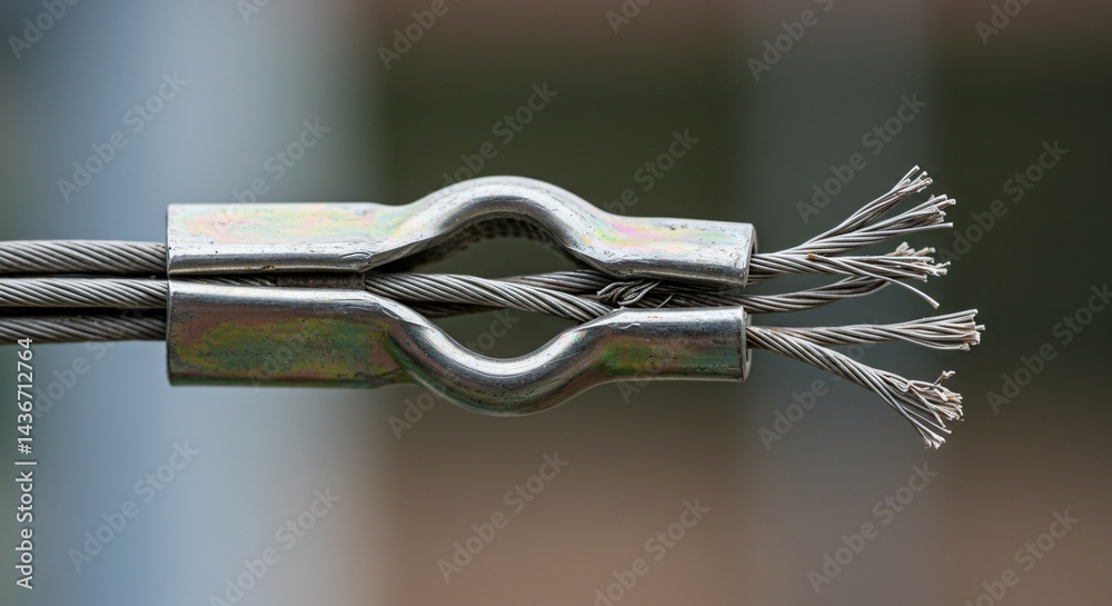 Obraz premium Close up view of two metal wire rope clamps securing multiple strands of cable together against a blurred background in a macro photograph setting