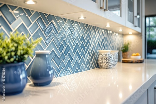 Elegant kitchen backsplash with a herringbone pattern in shades of blue, accented by subtle lighting and blue pottery.